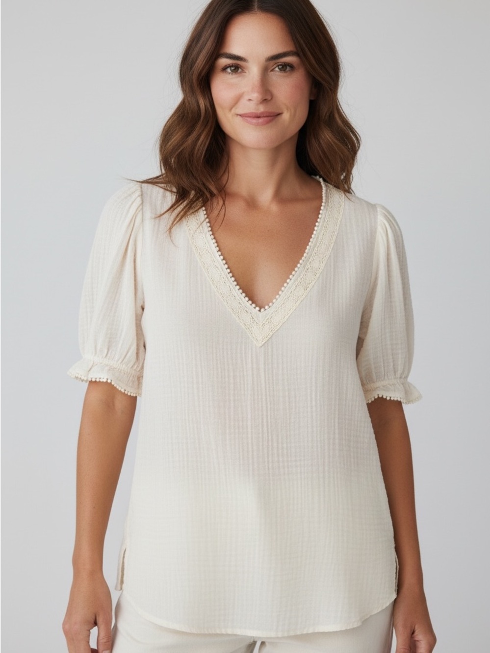 Rachel Zoe Ivory V-Neck Lace Trim Puff Sleeve Blouse